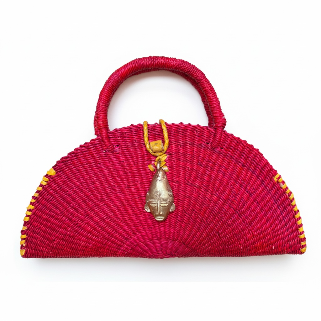 KONGO Handwoven Red Handbag with Brass Mask Pendant.