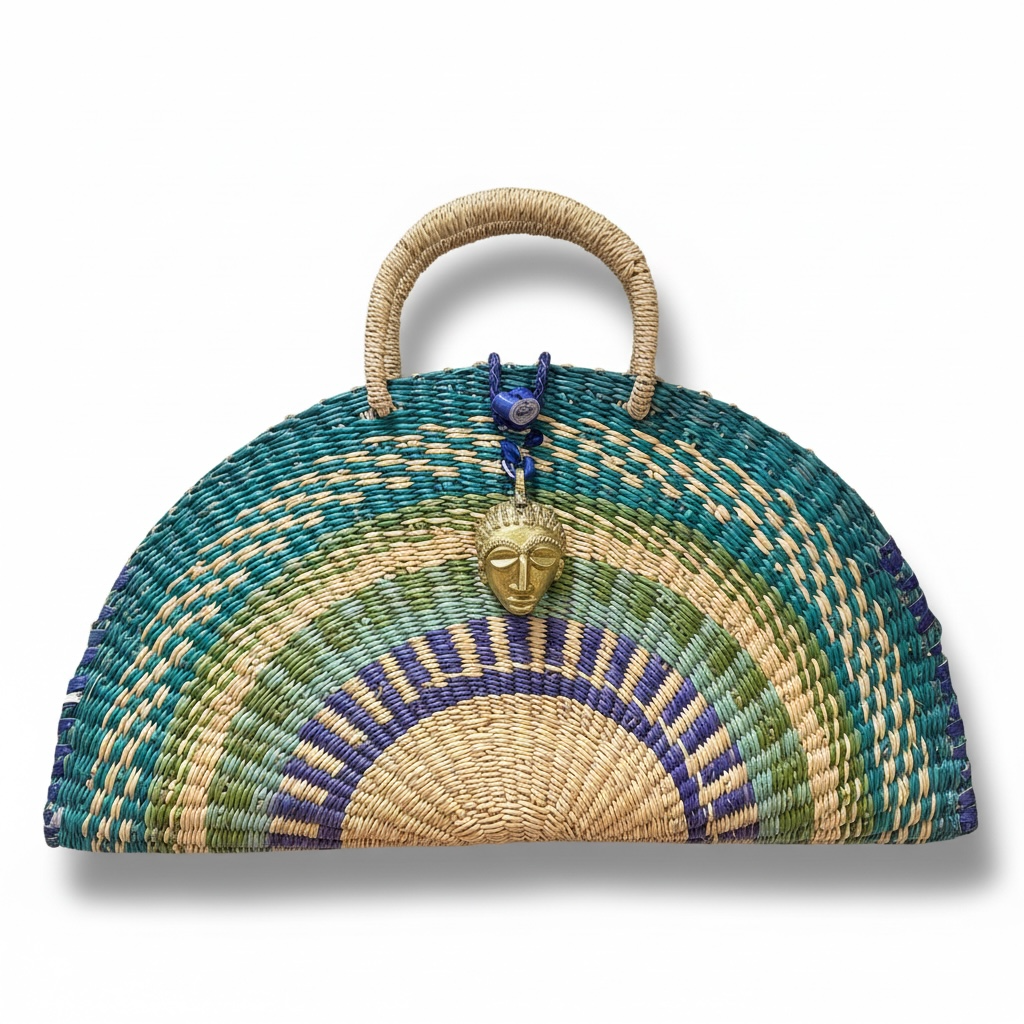 Large KUSANA Half-Moon  Handwoven Bag with Brass Mask
