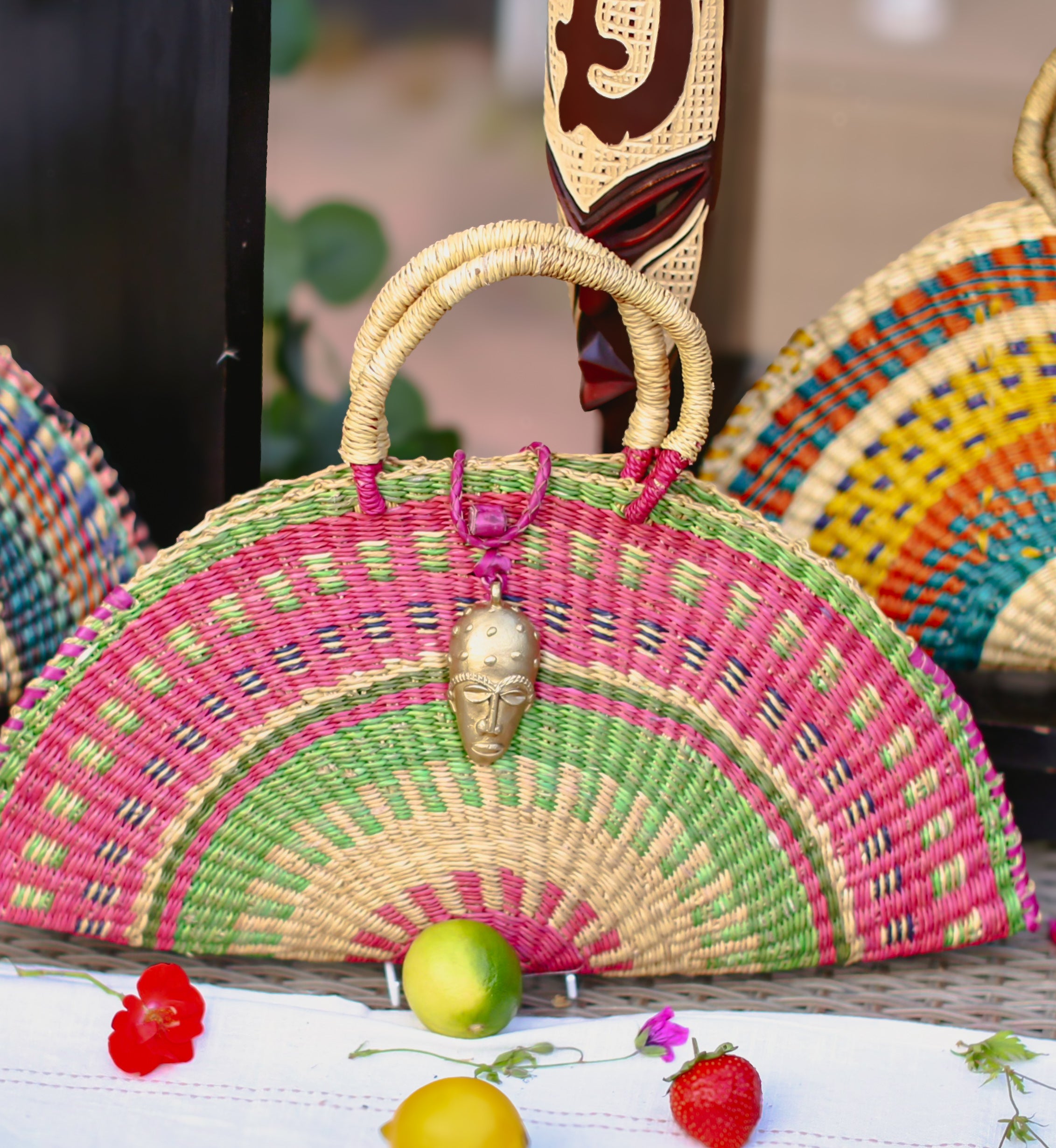 Vibrant Pink & Green Fan Handwoven Bag.