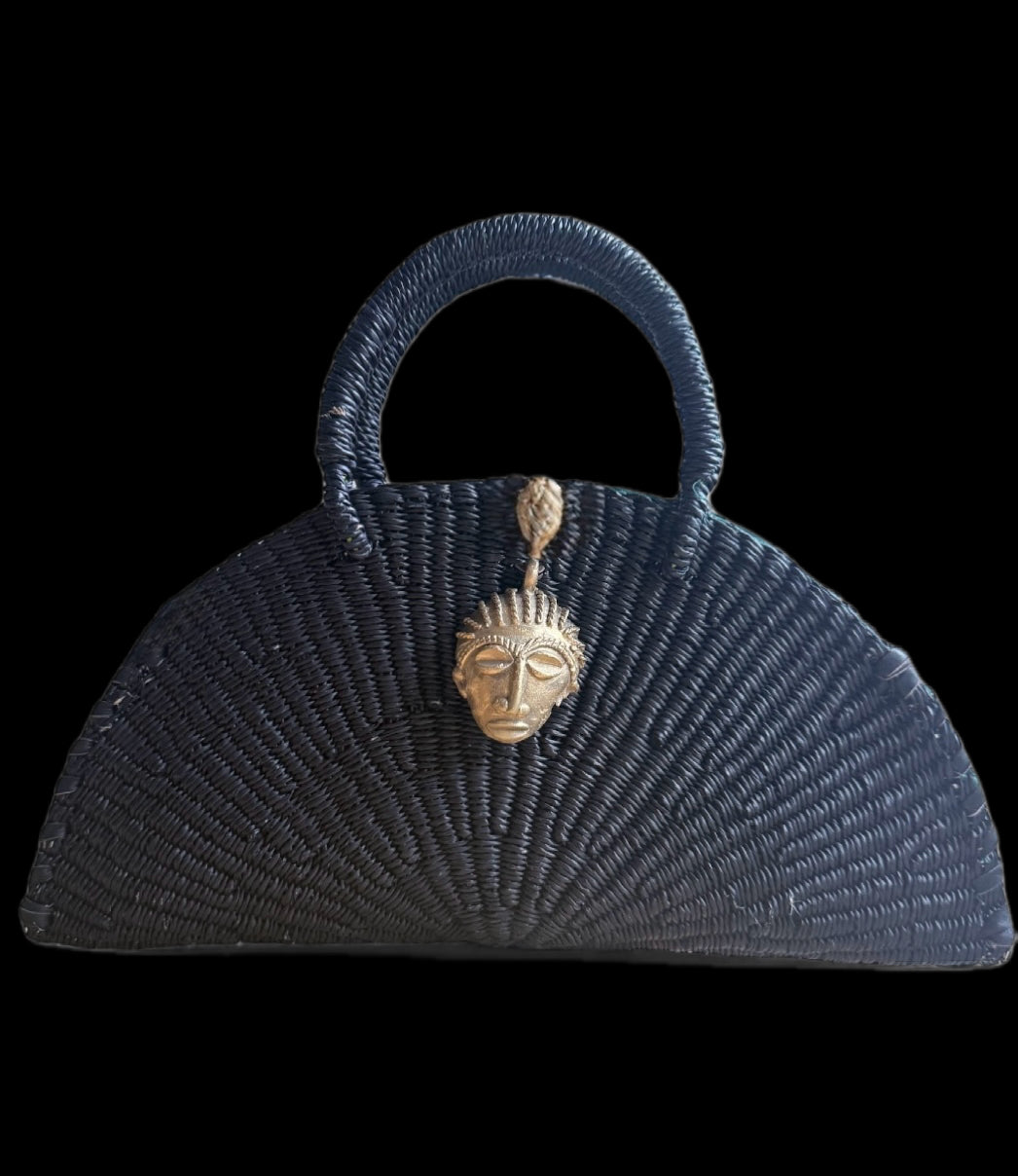 Handwoven Black Half-Moon Raffia Bag with Brass Mask – Artisan Made in Ghana