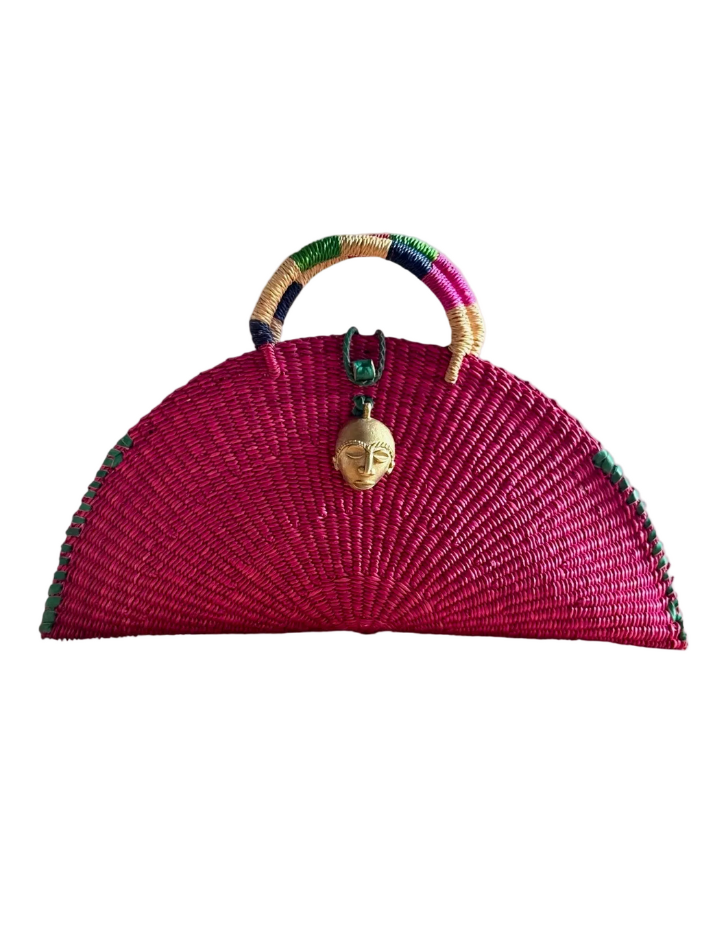 Kongo Handwoven Red Handbag with Brass Mask.
