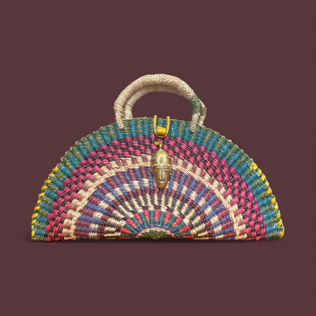 Kongo Half-Moon Raffia Bag — Teal & Crimson with Brass Mask Pendant
