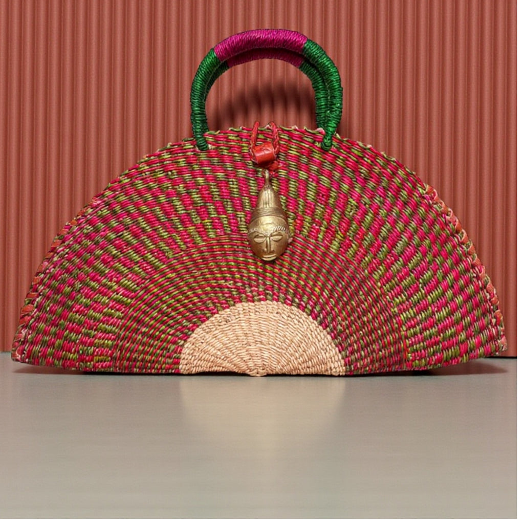 Large KUSANA Half-Moon Handwoven Bag with Brass Mask Charm
