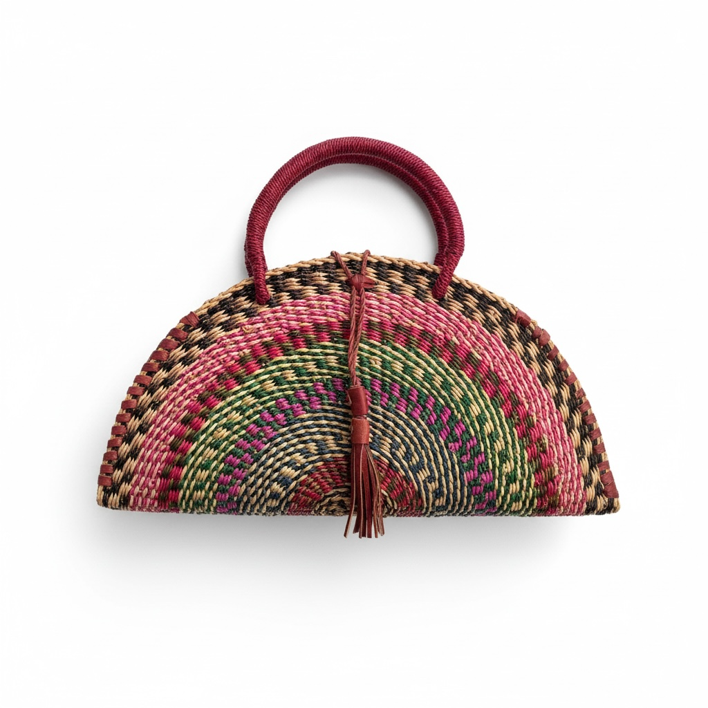 Medium Kongo Handwoven Half-Moon Bag with Brass Mask Pendant and Red Handles