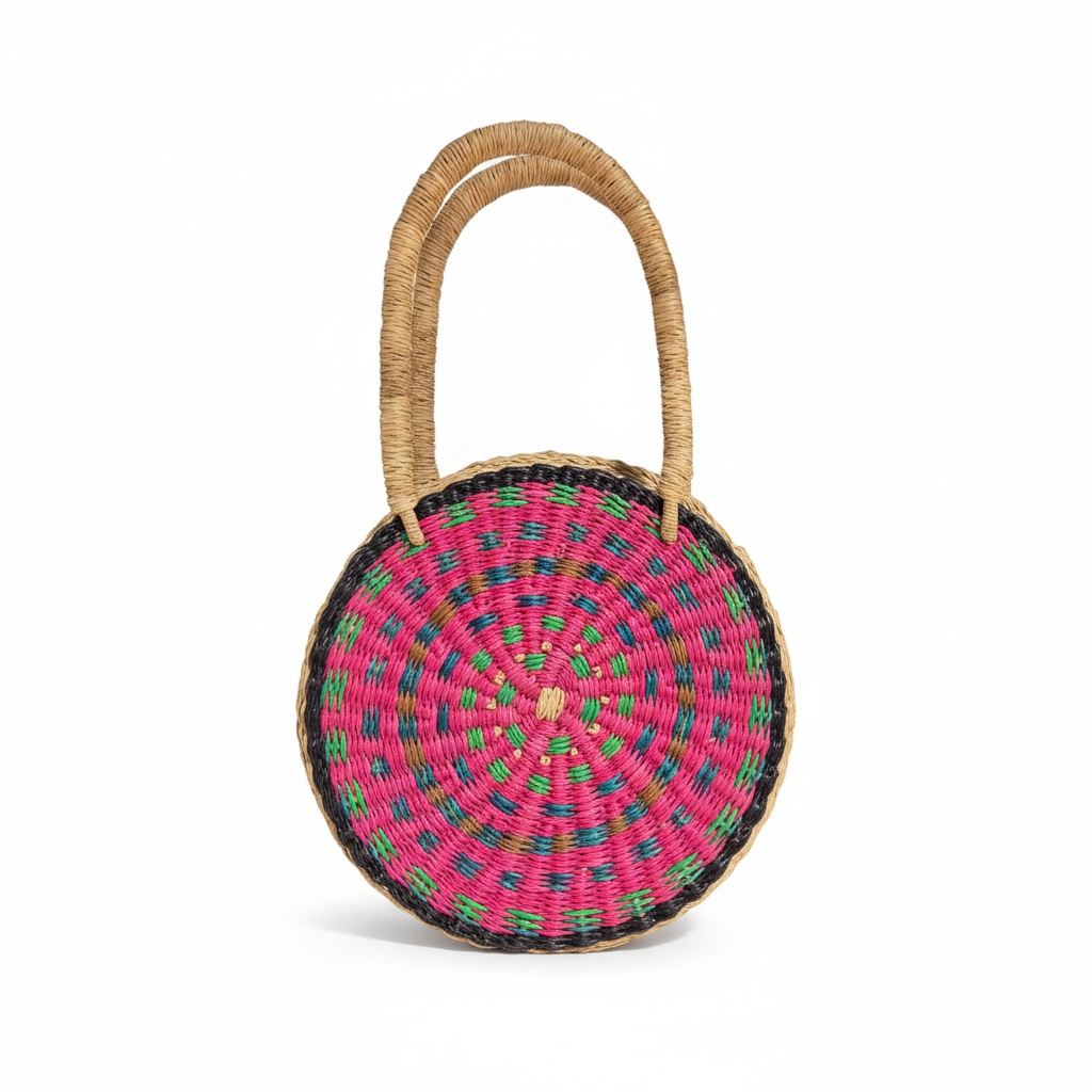 Esengo Mini Round Handwoven Bag – Pink Multicolour