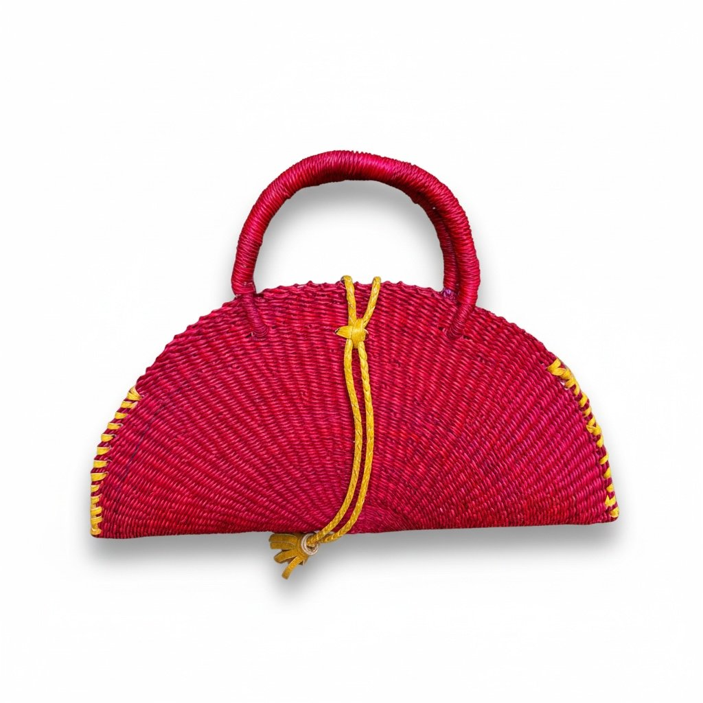 KONGO Handwoven Red Handbag with Brass Mask Pendant.
