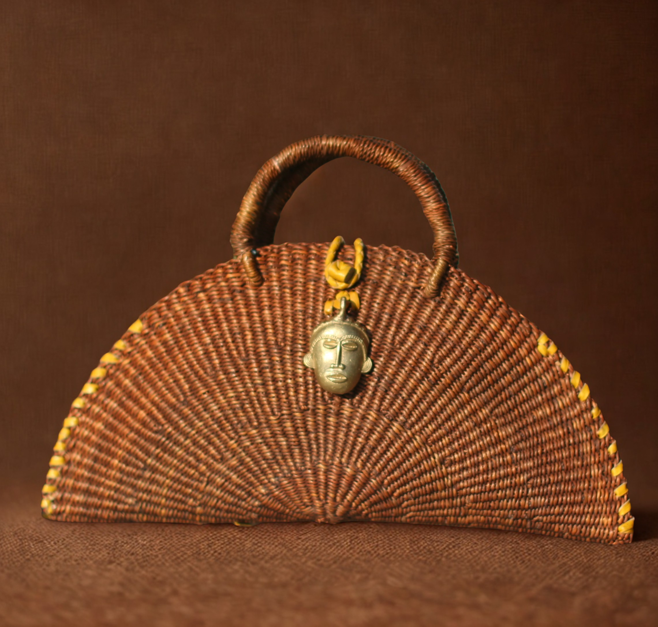 Classic Brown Half-Moon Handwoven Bag with Brass Charm